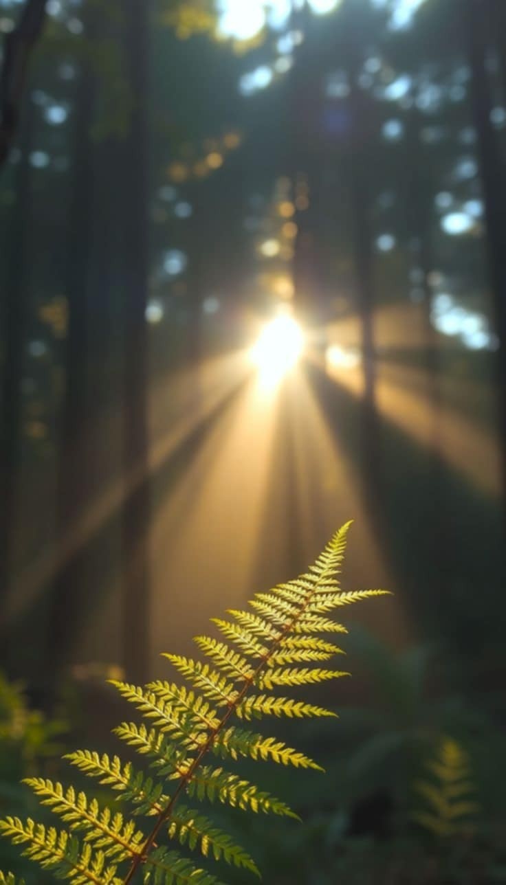 Sun-dappled fern in forest